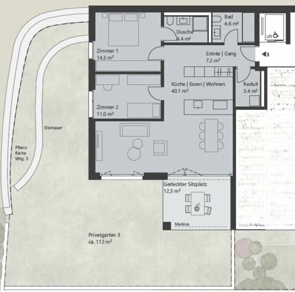 Immobilie in Mönthal - 3.5-Zimmer-Gartenwohnung - UNTERDORF MÖNTHAL - Zeitgemässe Architektur mitten im Grünen - Bild 3