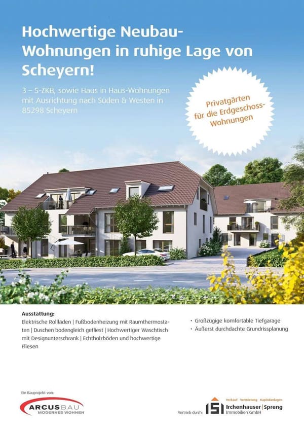 Immobilie in Scheyern - Scheyern! Hochwertige 3-ZKB im 1. OG! 11,72 m² Süd-Balkon, FBH, elektr. Rollläden, Videosprech., TG! - Bild 0