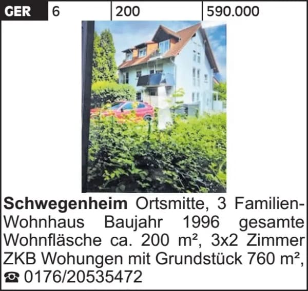 Immobilie in Schwegenheim - 3 Familien-Wohnhaus Baujahr 1996 gesamte Wohnfläsche ca. 200 m², 3x2 Zimmer... - Bild 1