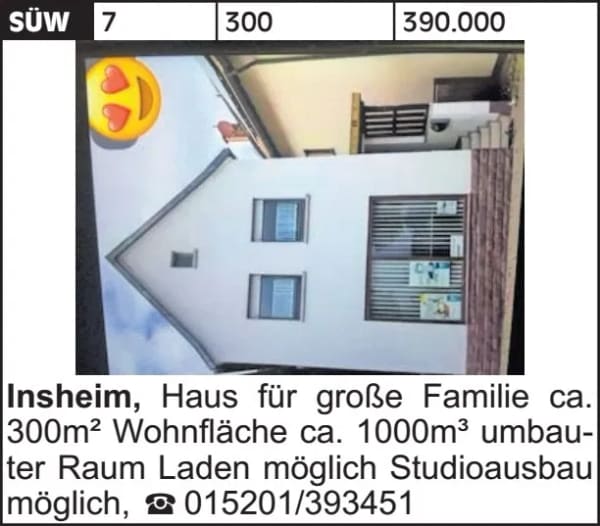 Immobilie in Insheim - Haus für große Familie ca. 300m² Wohnfläche ca. 1000m³ umbauter Raum Laden... - Bild 1