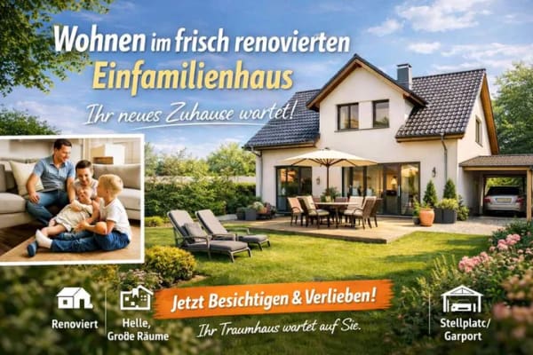 Immobilie in Schönwölkau - Einziehen & Wohlfühlen -Einfamilienhaus -frisch renoviert- Carport, Balkon u. Terrasse sucht Familie - Bild 0