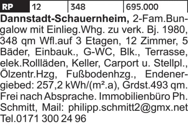 Immobilie in Dannstadt-Schauernheim - 2-Fam.Bungalow mit Einlieg.Whg. zu verk. Bj. 1980, 348 qm Wfl.auf 3 Etagen,... - Bild 1