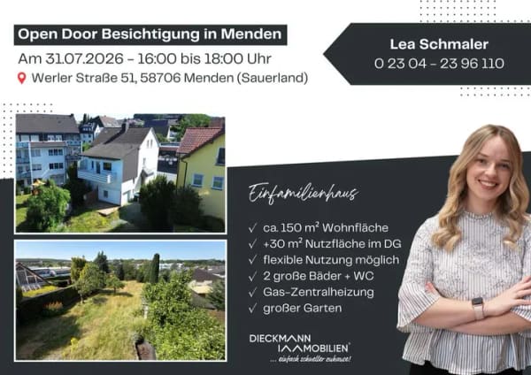 Immobilie in Menden - OPEN DOOR am 31.07.26 von 16-18 Uhr - Einfamilienhaus mit großem Kaufgrundstück in Menden Mitte! - Bild 1