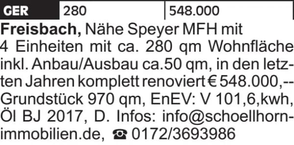 Immobilie in Freisbach - Nähe Speyer MFH mit 4 Einheiten mit ca. 280 qm Wohnfläche inkl. Anbau/Ausbau... - Bild 1