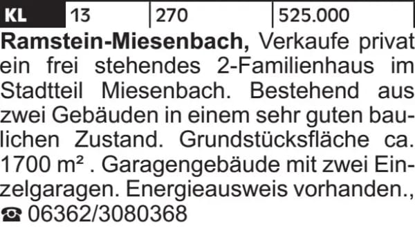 Immobilie in Ramstein-Miesenbach - Verkaufe privat ein frei stehendes 2-Familienhaus im Stadtteil Miesenbach.... - Bild 1