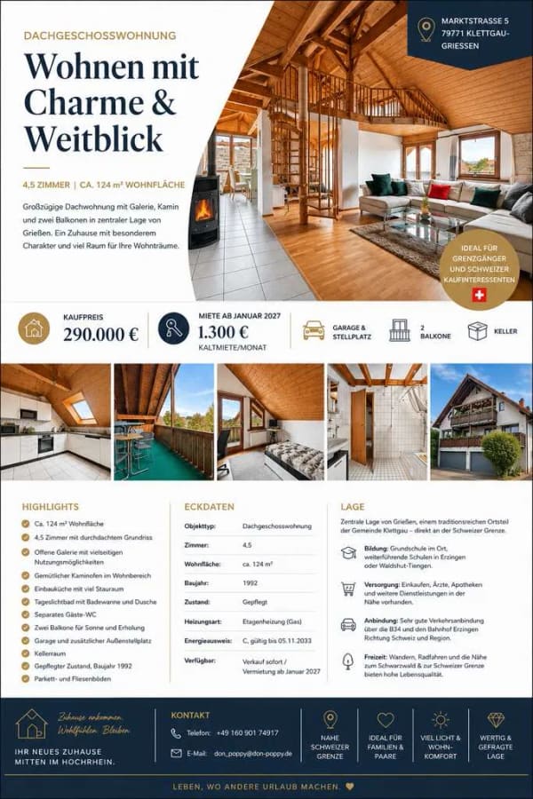 Immobilie in Klettgau - Spacious 4.5-Room Penthouse Apartment with Gallery, Fireplace and Two Balconies - Bild 0