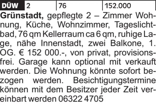 Immobilie in Grünstadt - gepflegte 2 – Zimmer Wohnung, Küche, Wohnzimmer, Tageslichtbad, 76 qm Kellerraum... - Bild 1