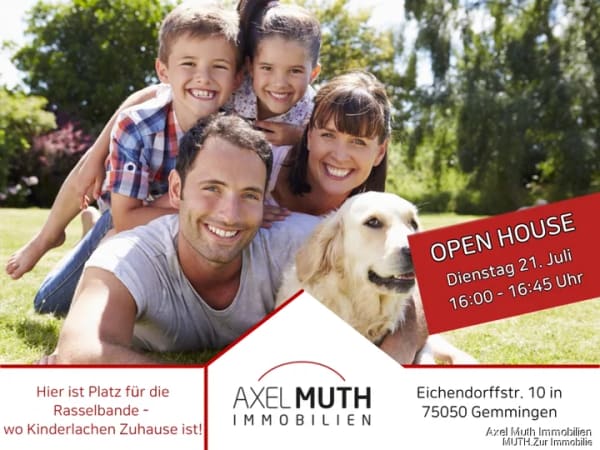 Immobilie in Gemmingen - OpenHouse 21.07 von16:00h-16:45h
Kommen Sie einfach vorbei!
Hier ist Platz für die Rasselbande - wo Kinderlachen Zuhause ist! - Bild 0