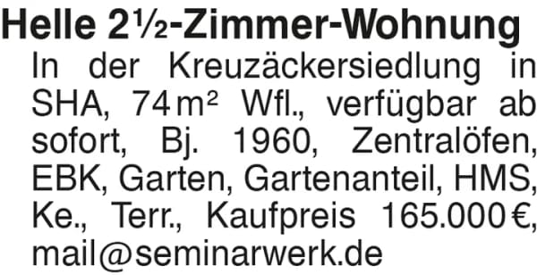Immobilie in Schwäbisch Hall - Helle, freundliche 2,5 Zimmer Wohnung in der Kreuzäckersiedlung in Schwäbisch Hall - Bild 0