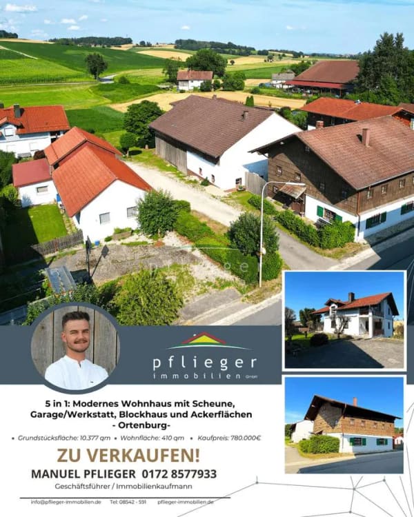 Immobilie in Ortenburg - 5 in 1: Modernes Wohnhaus mit Scheune, Garage/Werkstatt, Blockhaus und Ackerflächen - Bild 0