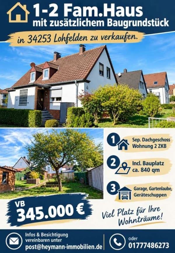Immobilie in Lohfelden - gepflegtes 1-2 Fam. Haus einschl. zusätzlichem Bauplatz, ruhiger Lage Lohfelden zu verkaufen - Bild 0