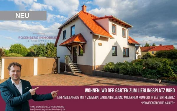 Immobilie in Elstertrebnitz - Provisionsfrei für Käufer: 
Familienhaus mit Traumgarten, Teich, Balkon & Garagen bei Leipzig - Bild 0