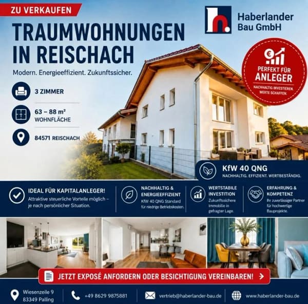 Immobilie in Reischach - Neubau...Eigentumswohnungen im KfW-QNG40 & KfW40 EE Standard mit Tiefgarage, Balkon oder Gartenanteil in zentraler Lage (W6) Fertigstellung bis 31.12.2026 - Bild 0