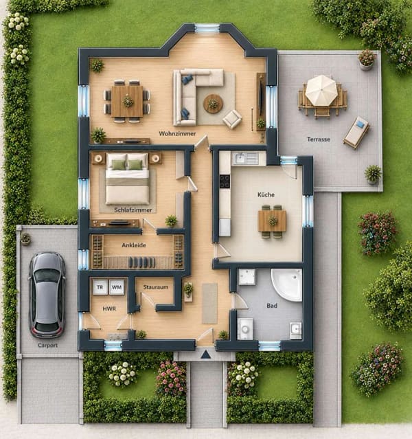 Immobilie in Bartenshagen-Parkentin - Wohnen auf einer Ebene: Bungalow mit Terrasse, Carport und Ausbaureserve - Bild 1